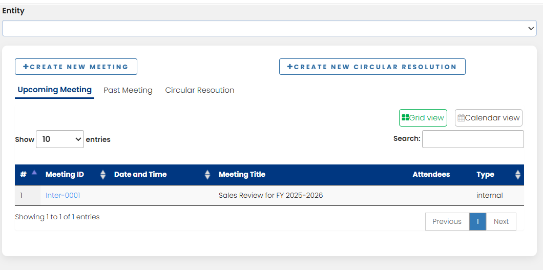 Meeting management dashboard with upcoming meetings and circular resolutions